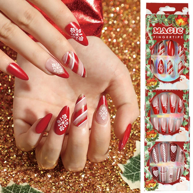 24 Stück Tragbare Künstliche Nägel Weihnachtsdesign Zum Aufdrücken Lange ∑