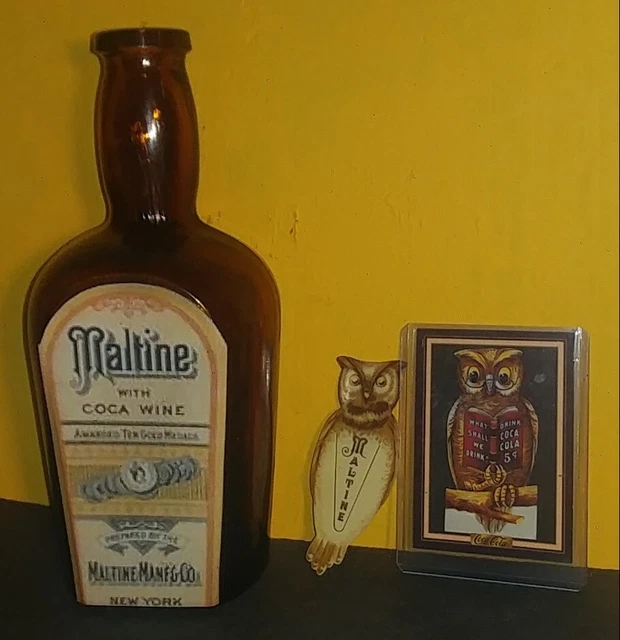 RARE, 1900s MALTINE COCA WINE BOTTLE AND  CELLULOID OWL BOOKMARK ,OLD,FREE SHIPP