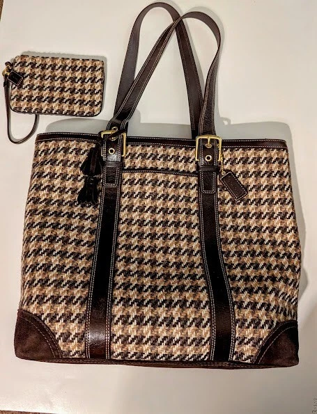 Coach Brown Leather and Tweed Wool Tote Bag and Coin Purse Authentic