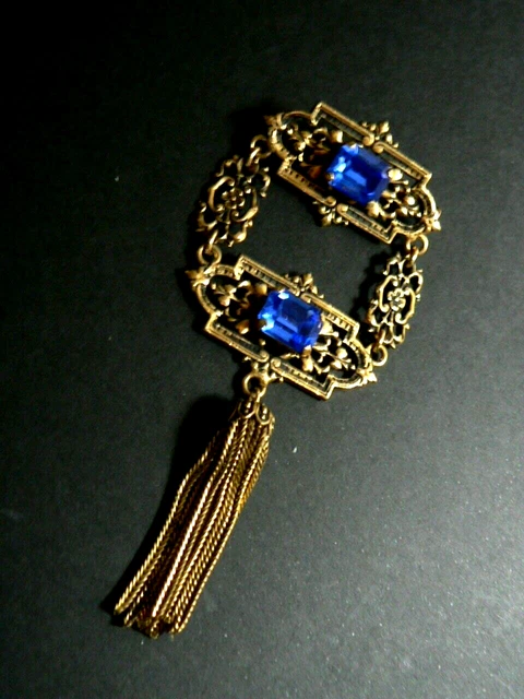 Broche ancienne vintage dorée et pierre couleur saphir - Années 60