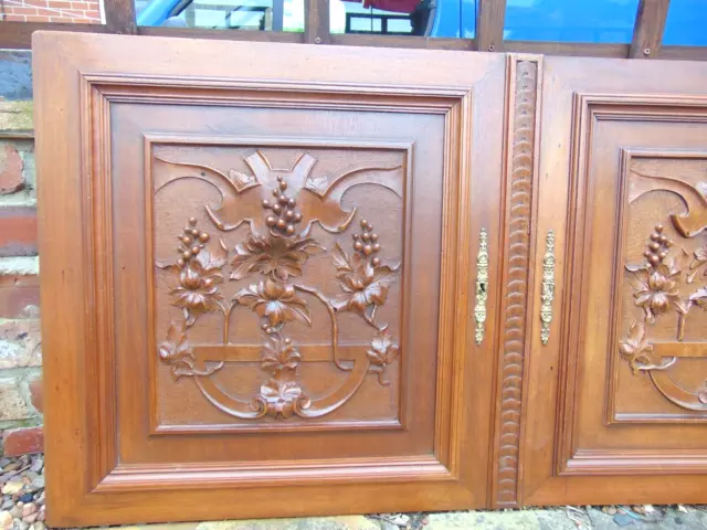 Pair antique French wood carved architectural door panels grapevine in relief 2