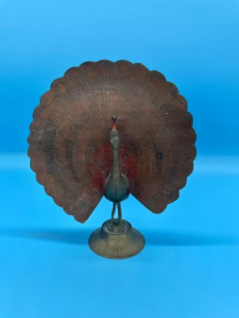 Vintage Brass Peacock Figurine Decor Painted Peacock 6” Tall Red Hues