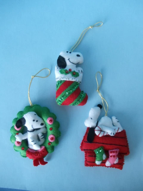 Vintage Bucilla Three Christmas Jeweled Hanging Felt Ornaments SNOOPY Handmade