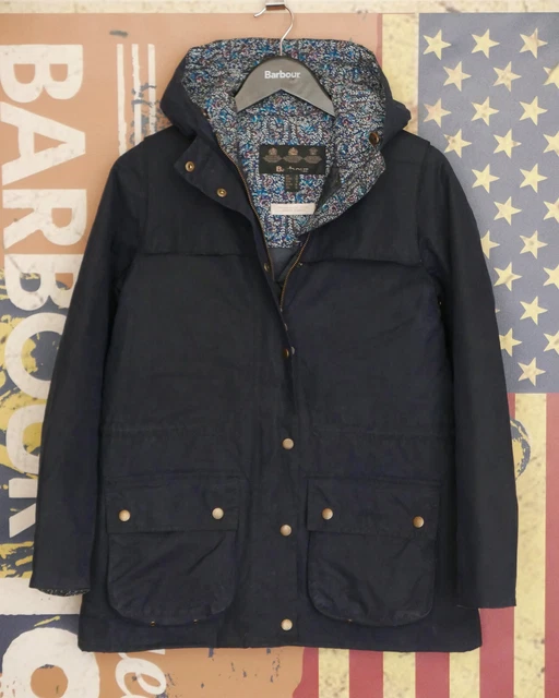 BARBOUR JACKET WOMENS 8 Blue Crevasse Hooded Parka Navy Faux Fur
