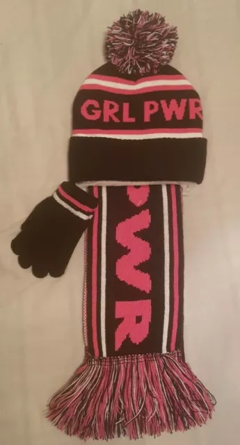 Girl Power Bobble Hat Scarf and Gloves Set Yrs 4-12 Pink Black.