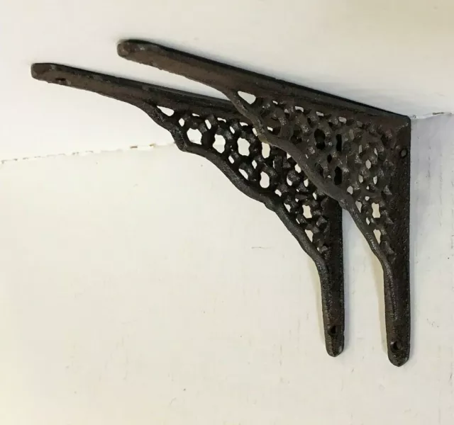 2 pc GARDEN LATTICE SHELF BRACKET BRACE Rustic Antique Brown Cast Iron 5"x7"