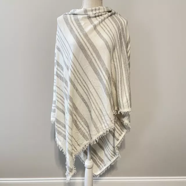 Minnie Rose Cashmere Blend Poncho Size OS White Gray Striped Fringe NWT