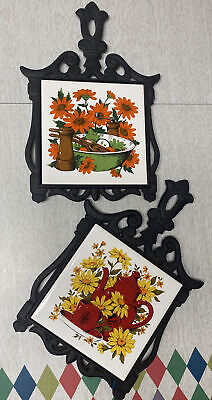 Vintage Ornate Trivet Cast Iron + Ceramic Tile Flowers Red Orange Yellow Retro
