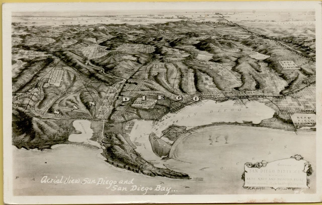 1950 Air Aerial View San Diego & Bay Map CA RPPC Real Photo Postcard D26