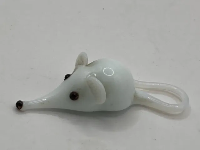 White Mouse Rat Collectible Hand Blown Art Glass Figurine Handmade Tiny Tail