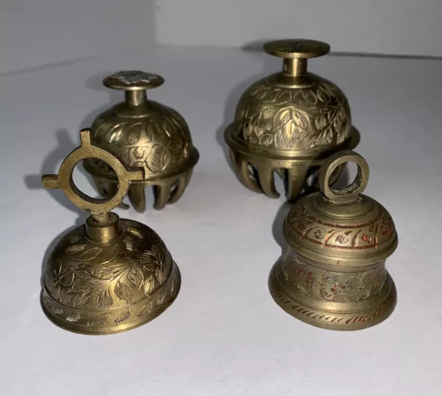 Lot of 4 Vintage Brass Sanctuary Bells & Elephant Claw Bells Pre-owned