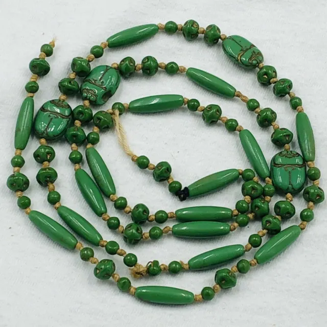 Antique Czech Neiger Art Glass Egyptian Revival Green Bug Scarab Beads Necklace