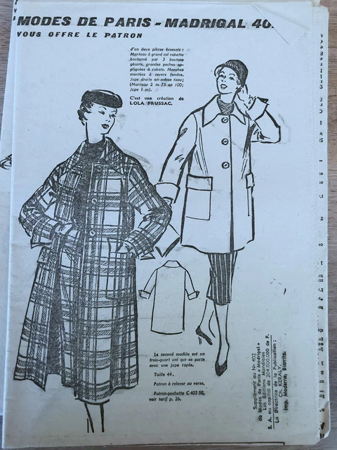 Patron De Couture Vintage Madrigal N°332 - Manteau Long & 3/4, Année 1950, Taille 44