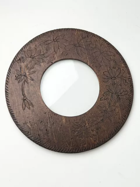 Antique Flemish Pyrography Wood Round Primitive Picture Frame Flowers 8”