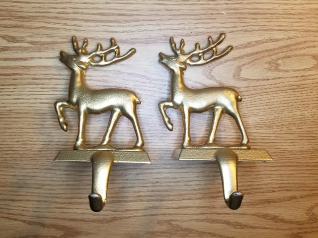 Reindeer Stocking Hangers Holders Set 2 Gold Painted Metal 5.5" Tall Christmas Reindeer Stocking Hangers Holders Set 2 Gold Painted Metal 5.5" Tall Christmas