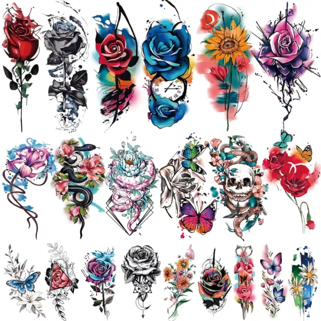 77 Sheets Temporary Tattoo 17 Sheets Half Arm Flower Rose Skull Butterfly Snake