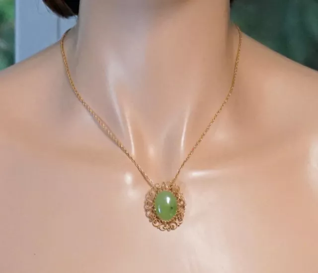 14K Gold Necklace Filigree Setting BC Polar Nephrite Jade Cabochon Pendant