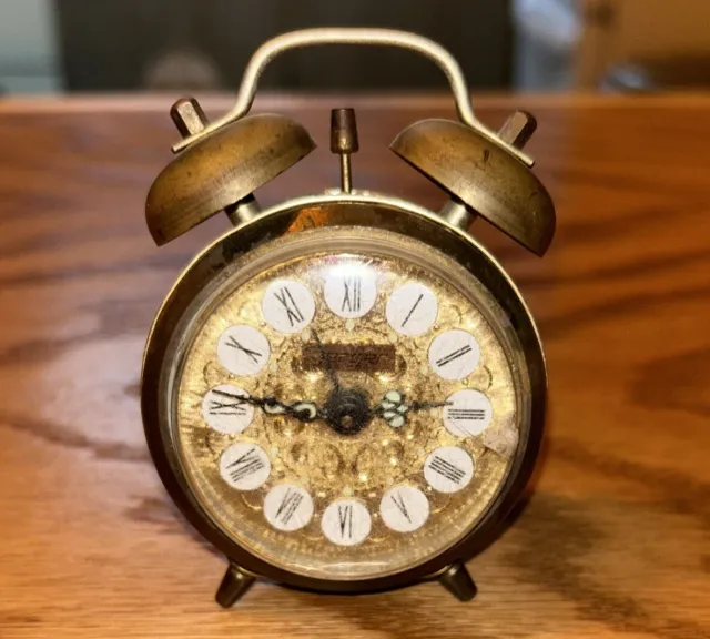 Antique Jerger German Rare Brass Gold Face Tabletop Wind Up Alarm Clock Germany