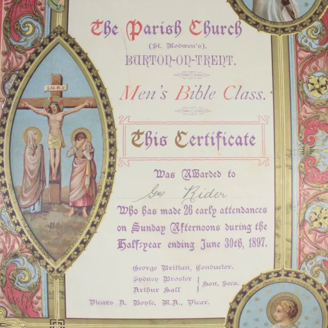 Parish Church St Modwens Burton On Trent Mens Bible Class Certificate 1897 #10