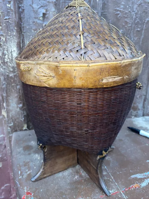 Vintage Antique Oriental Asian Fish Tea Collection Footed Basket w/ Lid 7.5x12”