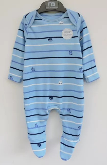 Mothercare Blue Striped Car Print Sleepsuit Babygrow. Baby Boy. Brand New