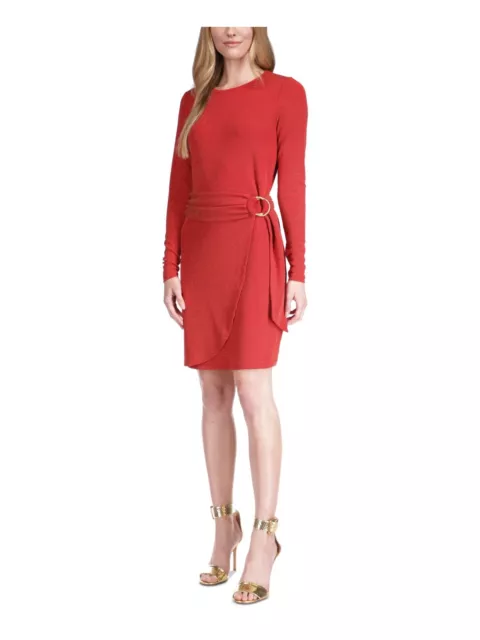 MICHAEL MICHAEL KORS Womens Red Tie D-ring Long Sleeve Faux Wrap Dress M