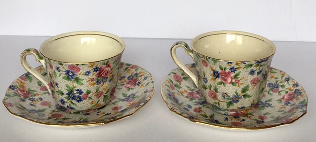 Pair(2) Royal Winton 'Old Cottage Chintz’ Grimwades Tea Cups w Saucers, England