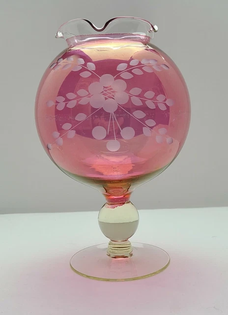 Vintage Cranberry Etched Cut to Clear Rose Bowl Ivy Ball Pedestal Compote Vase