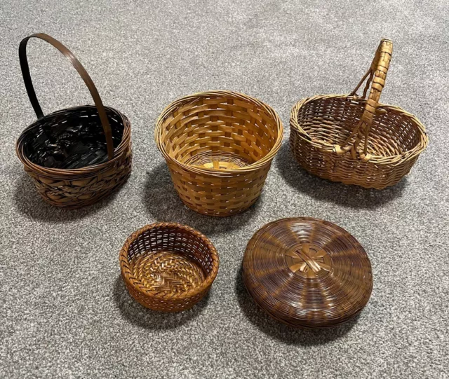Lot of 5 Small Vintage Woven Wicker Baskets - Various Sizes & Shapes