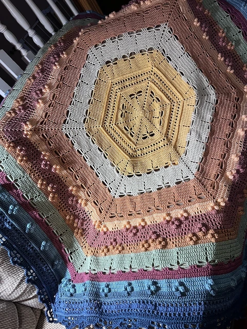 Handmade Crochet Hexagon Shaped Dragonfly Beautiful Blanket Multi Color 68 in