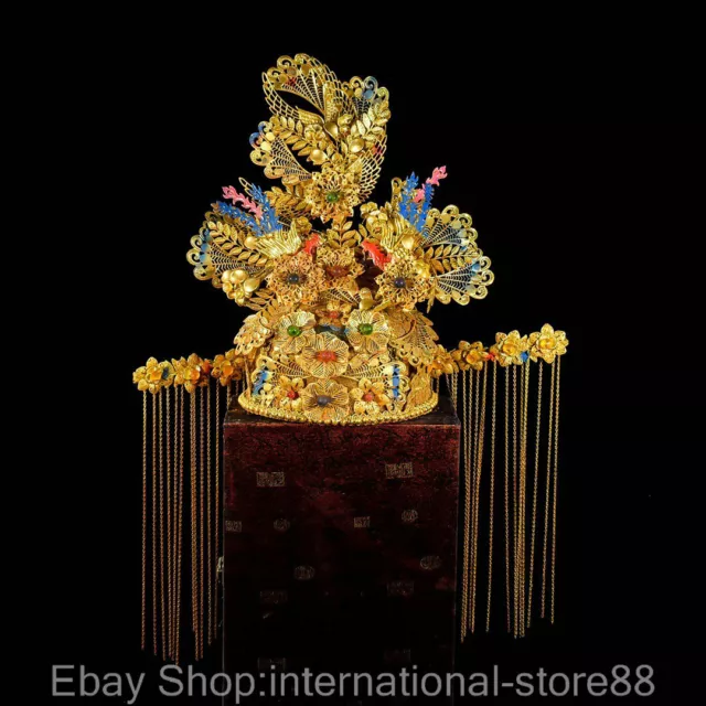 18" Rare Old China Filigree Bead Dynasty Palace Empress Phoenix Flower Hat Cap