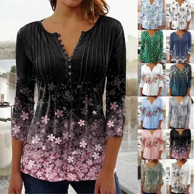 Womens Long Sleeve Blouse Button Loose Fit Tunic Swing Tops Pullover T shirts