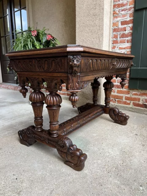 Antique French Carved Oak Dolphin Library Table Desk Renaissance Gothic 19th c