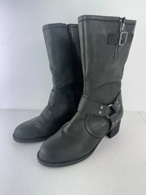 Tara M Gigi Black Leather Moto Combat Boots Womens Size 9 US