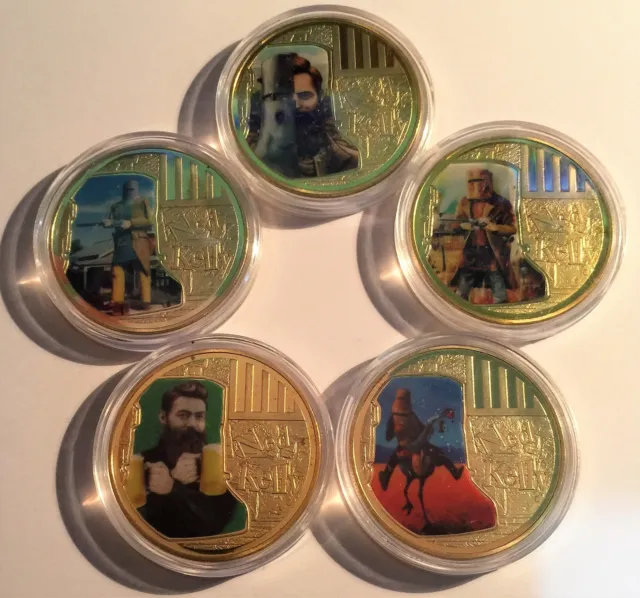 Set of 5 NED KELLY "Helmet Art" 1 Oz Coins, Finished in 24k 999 Gold, Outlaw.