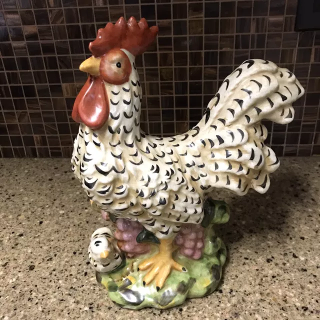 Black & White Ceramic Rooster w/ Chick Sculpture/ Statue Farmhouse Display Decor