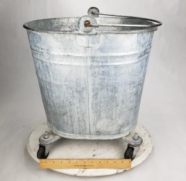 Vintage Galvanized Rolling Mop Bucket 8 Gallon Pail Metal Shabby Primitive Large