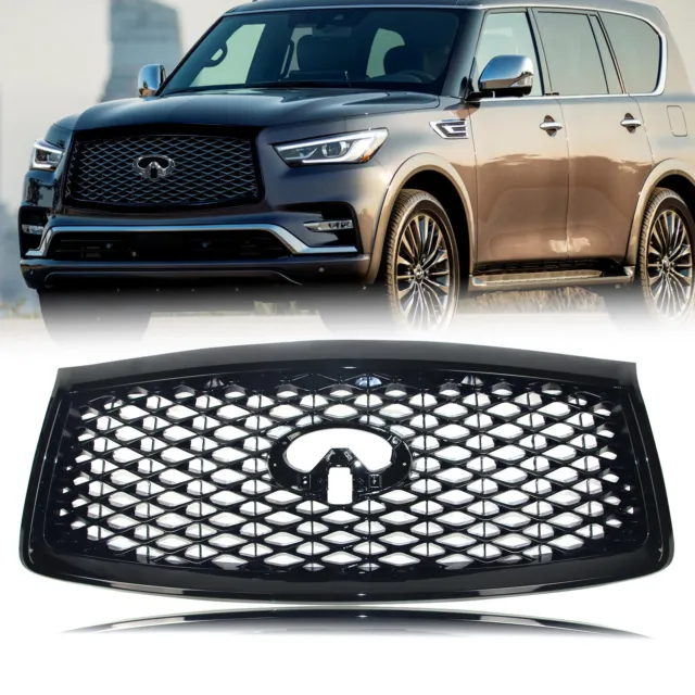 Front Grill for 2018-2021 INFINITI QX80 w/Camera Hole Gloss Black