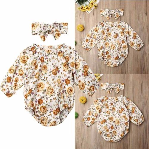 Newborn Infant Baby Girl Floral Romper Headband Jumpsuit Bodysuit Clothes Outfit