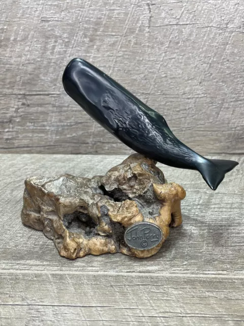 Vtg 1992 JOHN PERRY Sperm Whale Sculpture Pellucida Black Resin Burl Wood Base