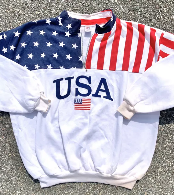 Vintage USA America American Flag Retro 80s 1/4 Zip Sweatshirt Sweater Size XL