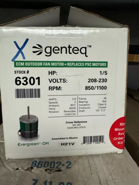 Genteq Evergreen OM 6301 ECM Condenser Fan Motor 850/1150 RPM 1/5 HP 208-230 V