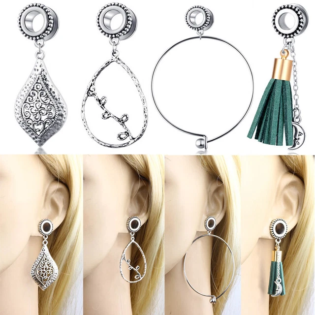 2pc Hollow Dot Floral Dangle Steel Screw Fit Flesh Tunnel Ear Plug Guuge 8 20mm