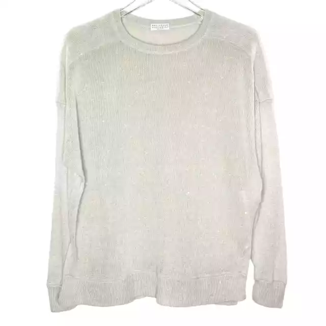 Brunello Cucinelli S Linen Silk Sequin Sweater Beige Luxury Crew Neck *tiny flaw