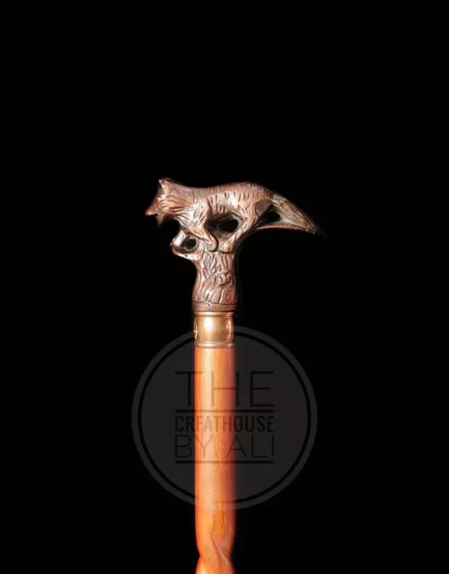 Viking wolf head walking stick antique finish cane stick wolf & fox victorian