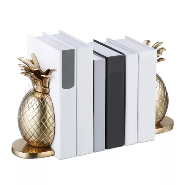 Set 2 fermalibri supporto libri  alluminio reggilibri reggi cd forma ananas oro