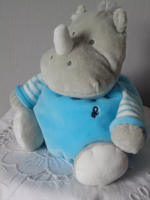 Doudou Boule Hochet Hippopotame Obaïbi Bleu Et Gris Rayures Blanches