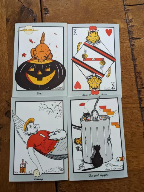 Set 4 POSTCAT 1986 Pumpkin CAT - CAT Nap Signed Annie Petitjean 4x6 postcard 152