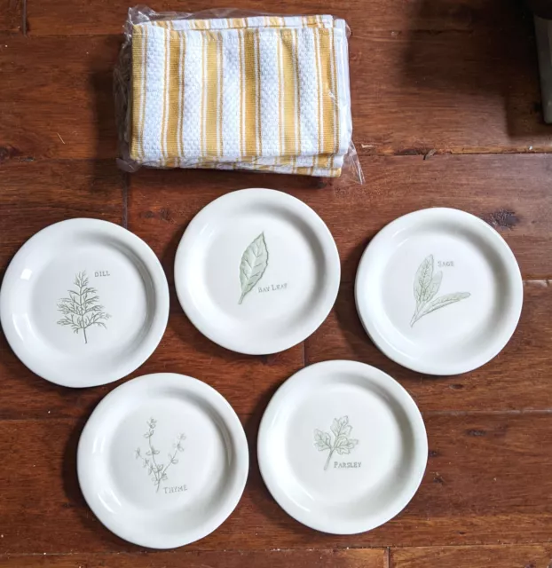 Williams Sonoma 6.25" Herb Bread Dessert Plates Set of 5 Plus 4 New Dish Cloths