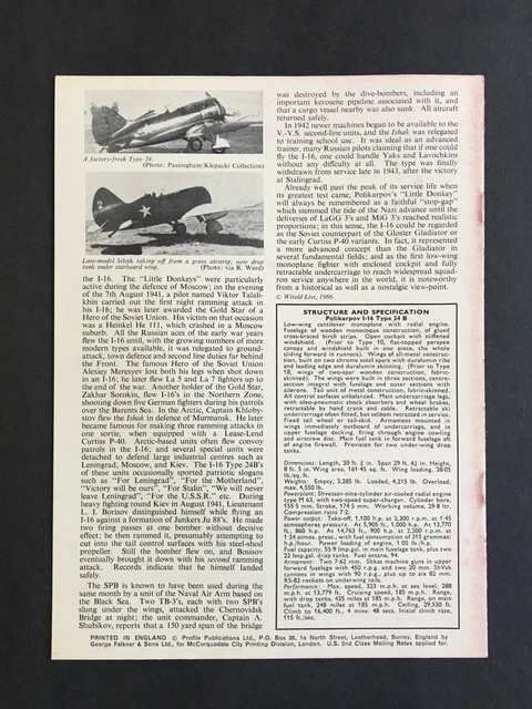 PROFILE PUBLICATIONS NO. 122 The Palikarpov I-16 £9.14 - PicClick UK